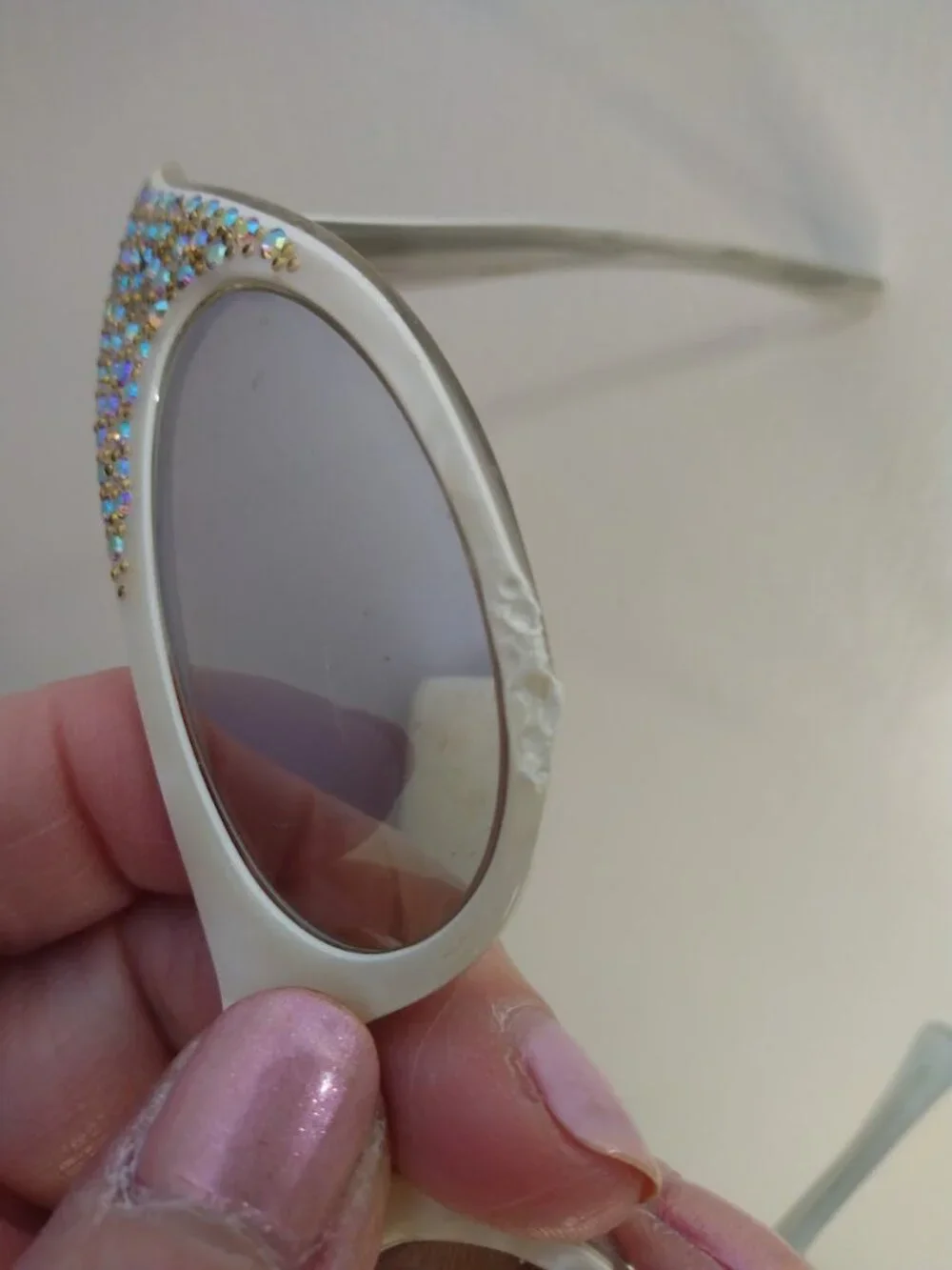 Vintage Cat Eye Sunglasses White Frame France Rhinestone Mirrored Lenses 60s Mod